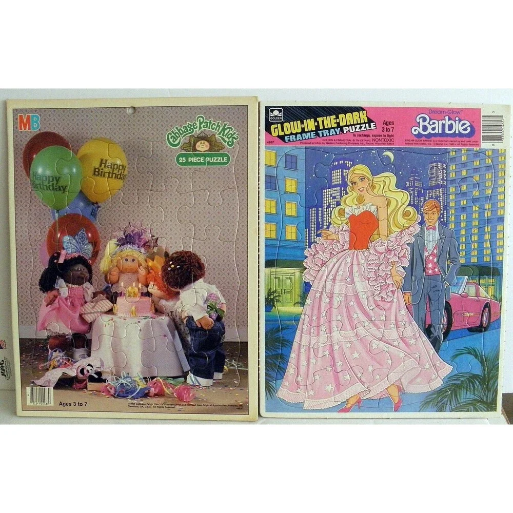 VTG Cardboard Frame Tray Puzzle Lot 7 Muppet Babies Barbie Cabbage Patch 1980s